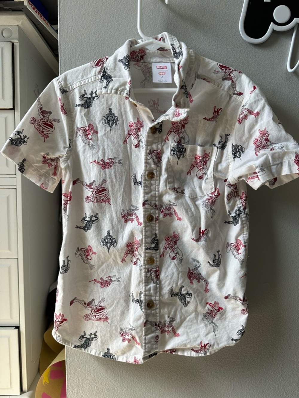 Marvel Short Sleeve Button-Down Shirt in White with Red & Black Marvel Print